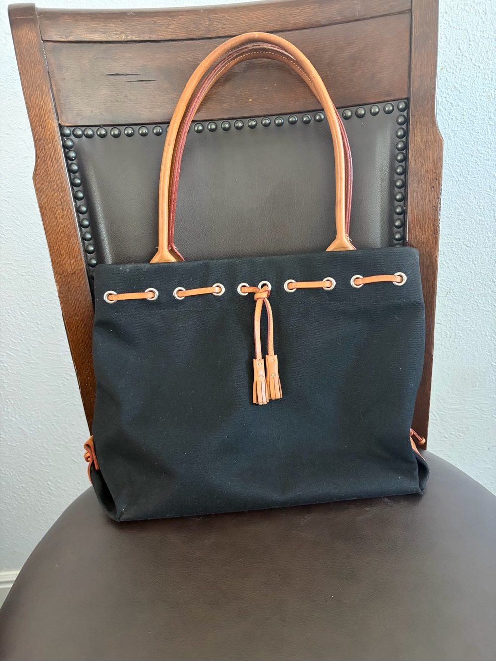 Dooney & Bourke Black Canvas Shoulder Tote with Tan Leather Trim